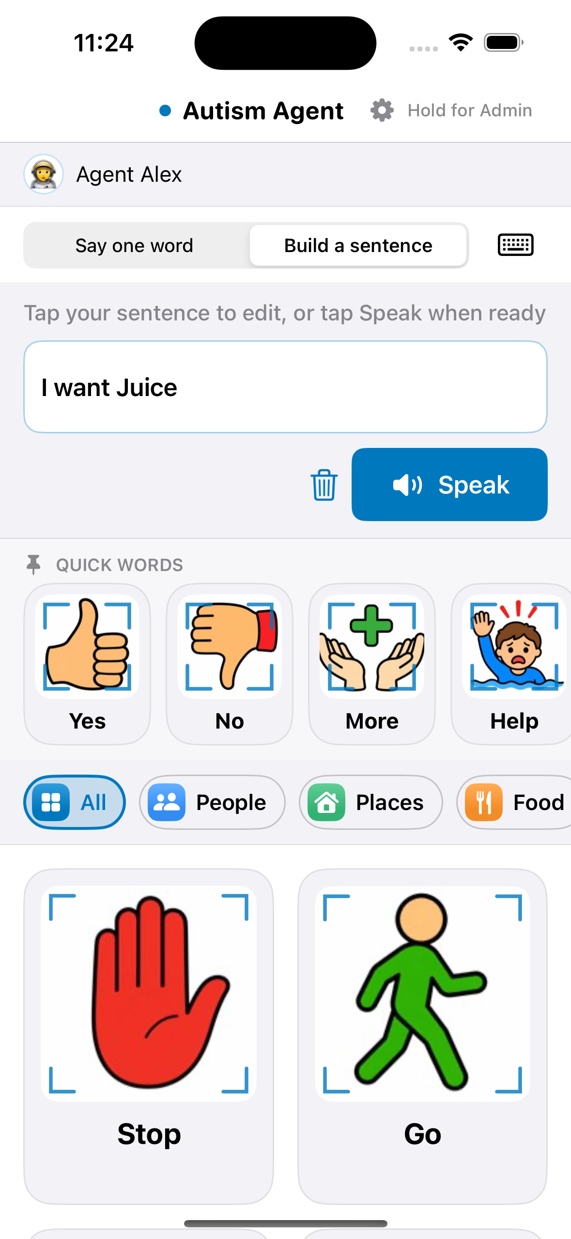 Sentence mode with word chips in the bar