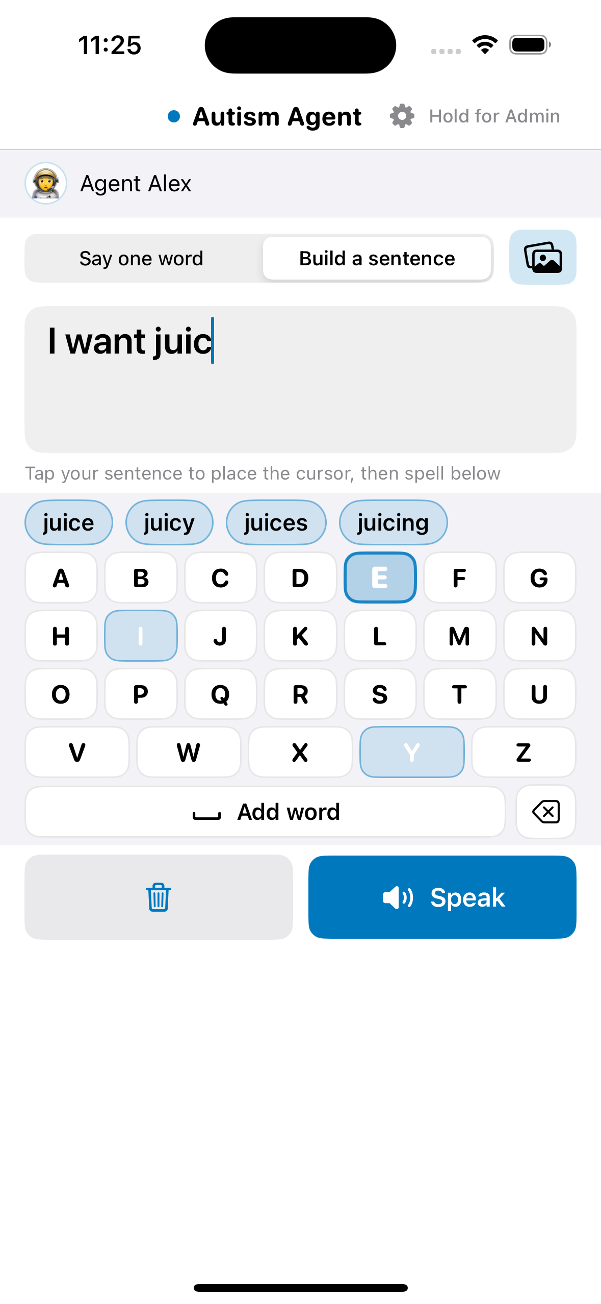 Alphabet keyboard with word prediction in sentence mode
