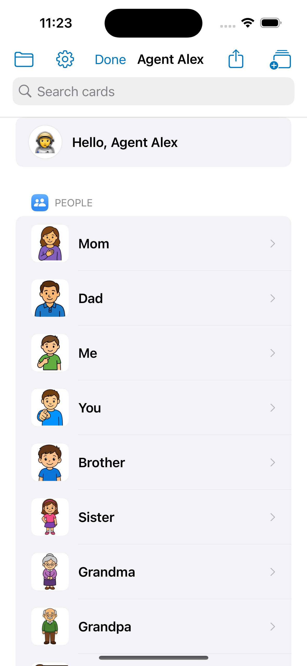 Admin screen for managing communication cards