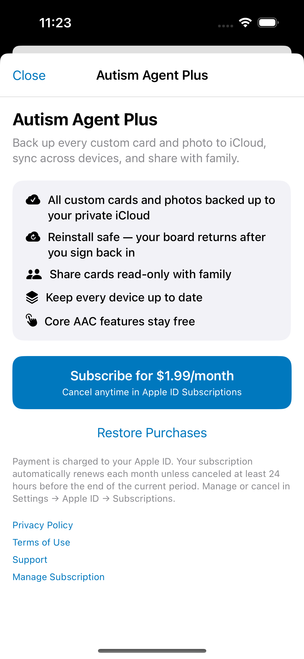 Autism Agent Plus subscription screen