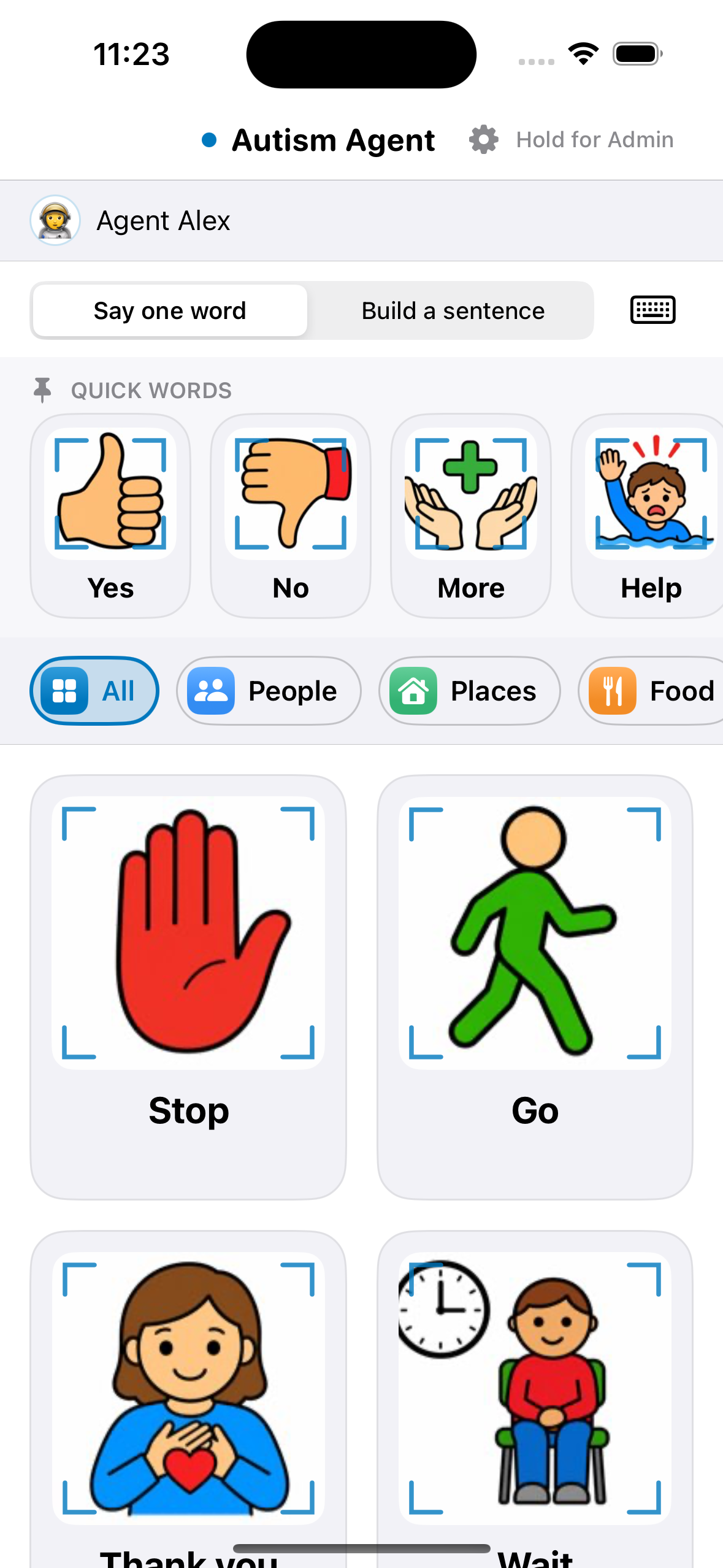 Quick Words row pinned above the card grid